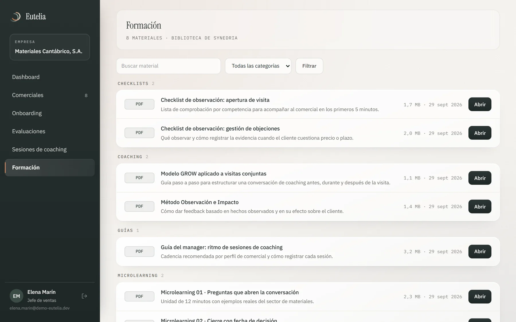 Biblioteca de formación de Eutelia con checklists de observación, guías de coaching y microlearning